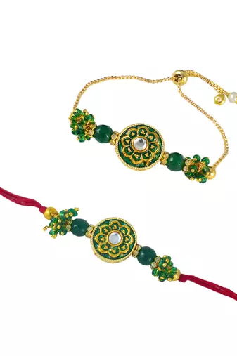 Handmade set of 2 green enamel and beaded unisex rakhi (lumba) for bhaiya bhabhi