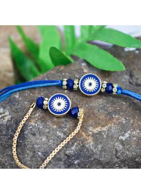 Evil eye design handcrafted combo of blue thread and chain unisex rakhi for bhaiya bhabhi 1