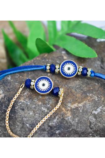 Evil eye design handcrafted combo of blue thread and chain unisex rakhi for bhaiya bhabhi