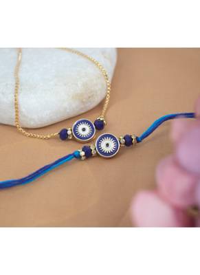 Evil eye design handcrafted combo of blue thread and chain unisex rakhi for bhaiya bhabhi 2