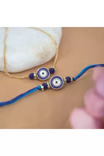 Evil eye design handcrafted combo of blue thread and chain unisex rakhi for bhaiya bhabhi
