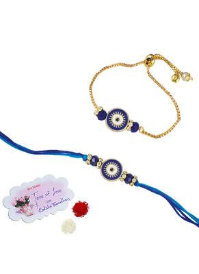 Evil eye design handcrafted combo of blue thread and chain unisex rakhi for bhaiya bhabhi 3