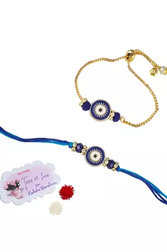 Evil eye design handcrafted combo of blue thread and chain unisex rakhi for bhaiya bhabhi