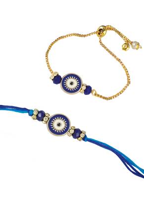 Evil eye design handcrafted combo of blue thread and chain unisex rakhi for bhaiya bhabhi 4