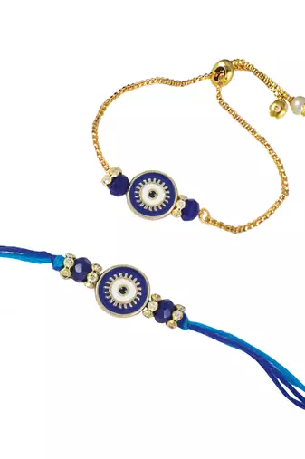 Evil eye design handcrafted combo of blue thread and chain unisex rakhi for bhaiya bhabhi
