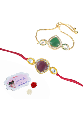 Combo of kundan rakhi and bracelet set for bhaiya bhabhi with roli chawal and written greeting note. 3