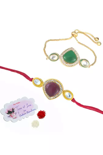 Combo of kundan rakhi and bracelet set for bhaiya bhabhi with roli chawal and written greeting note.