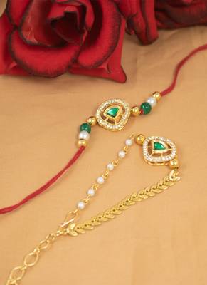 Handmade traditional green kundan & pearl combo of unisex /couple pair rakhi for bhaiya bhabhi 1