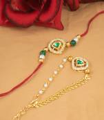 Handmade traditional green kundan & pearl combo of unisex /couple pair rakhi for bhaiya bhabhi