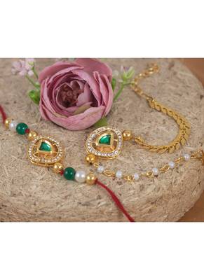 Handmade traditional green kundan & pearl combo of unisex /couple pair rakhi for bhaiya bhabhi 2