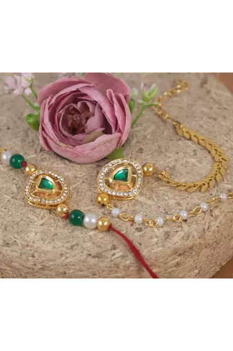 Handmade traditional green kundan & pearl combo of unisex /couple pair rakhi for bhaiya bhabhi