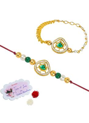 Handmade traditional green kundan & pearl combo of unisex /couple pair rakhi for bhaiya bhabhi 3