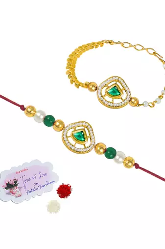 Handmade traditional green kundan & pearl combo of unisex /couple pair rakhi for bhaiya bhabhi