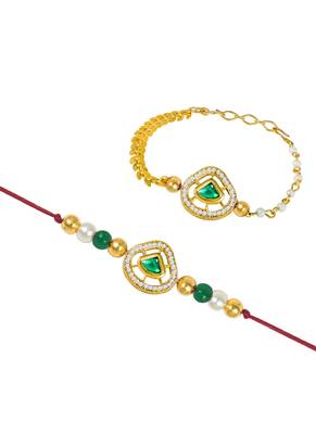 Handmade traditional green kundan & pearl combo of unisex /couple pair rakhi for bhaiya bhabhi 4