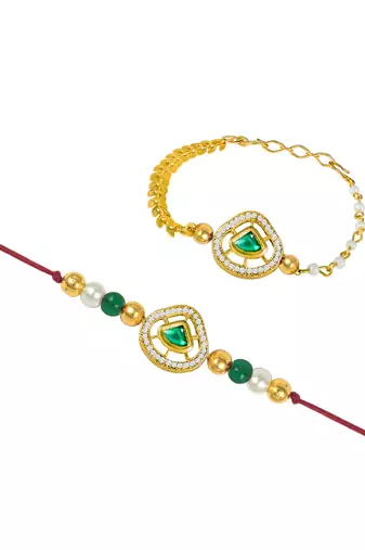 Handmade traditional green kundan & pearl combo of unisex /couple pair rakhi for bhaiya bhabhi