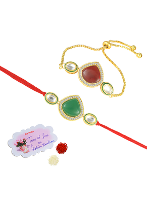 Set of 2 kundan and enamel rakhi and bracelet set for bhaiya bhabhi with roli chawal and written greeting note. 3