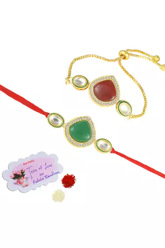 Set of 2 kundan and enamel rakhi and bracelet set for bhaiya bhabhi with roli chawal and written greeting note.