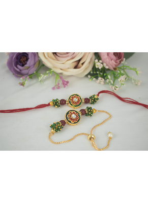 Handmade set of 2 red enamel and beaded unisex rakhi (lumba) for bhaiya bhabhi 1