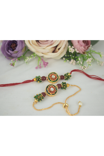 Handmade set of 2 red enamel and beaded unisex rakhi (lumba) for bhaiya bhabhi