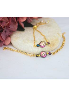 Spiritual om rakhi and bracelet set for bhaiya bhabhi golden chain design with crystal beads 1