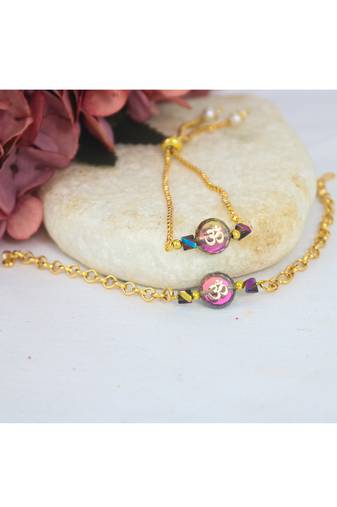Spiritual om rakhi and bracelet set for bhaiya bhabhi golden chain design with crystal beads