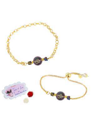 Spiritual om rakhi and bracelet set for bhaiya bhabhi golden chain design with crystal beads 3