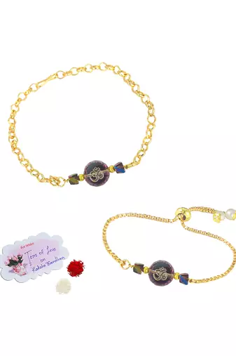 Spiritual om rakhi and bracelet set for bhaiya bhabhi golden chain design with crystal beads