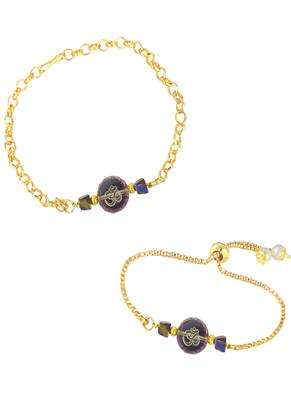 Spiritual om rakhi and bracelet set for bhaiya bhabhi golden chain design with crystal beads 4