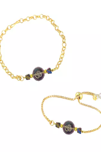 Spiritual om rakhi and bracelet set for bhaiya bhabhi golden chain design with crystal beads