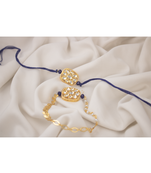 Combo of latest gold plated kundan rakhi for bhaiya bhabhi with roli chawal and written greeting note (blue).