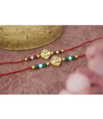 Traditional kundan with pearl and beads rakhi set for bhaiya with roli chawal and written greeting note.