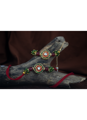 Handmade set of 2 red enamel and beaded unisex rakhi (lumba) for bhaiya bhabhi 2