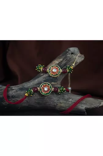 Handmade set of 2 red enamel and beaded unisex rakhi (lumba) for bhaiya bhabhi