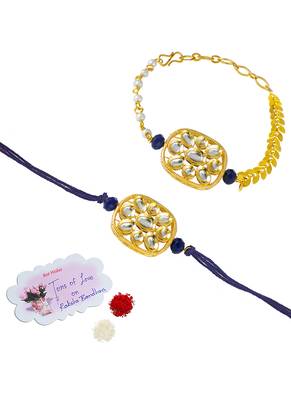 Combo of latest gold plated kundan rakhi for bhaiya bhabhi with roli chawal and written greeting note (blue). 3