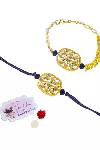 Combo of latest gold plated kundan rakhi for bhaiya bhabhi with roli chawal and written greeting note (blue).