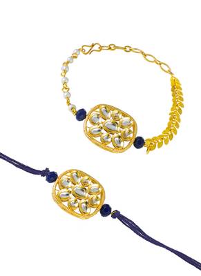 Combo of latest gold plated kundan rakhi for bhaiya bhabhi with roli chawal and written greeting note (blue). 4