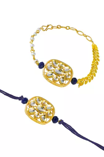 Combo of latest gold plated kundan rakhi for bhaiya bhabhi with roli chawal and written greeting note (blue).