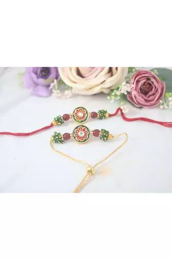 Handmade set of 2 red enamel and beaded unisex rakhi (lumba) for bhaiya bhabhi