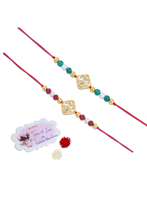 Traditional kundan with pearl and beads rakhi set for bhaiya with roli chawal and written greeting note. 3