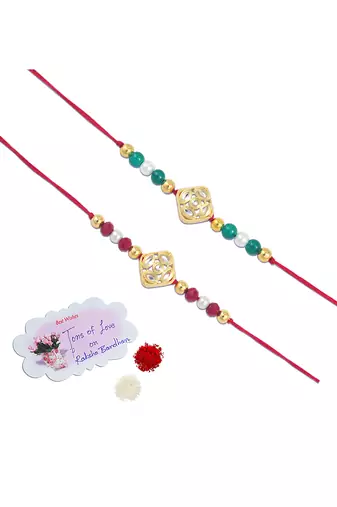 Traditional kundan with pearl and beads rakhi set for bhaiya with roli chawal and written greeting note.