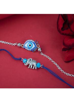 stylish blue thread & silver plated combo of unisex evil eye & elephant rakhi combo for bhaiya bhabhi 1
