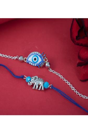 stylish blue thread & silver plated combo of unisex evil eye & elephant rakhi combo for bhaiya bhabhi