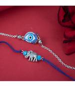 stylish blue thread & silver plated combo of unisex evil eye & elephant rakhi combo for bhaiya bhabhi