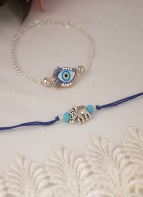 stylish blue thread & silver plated combo of unisex evil eye & elephant rakhi combo for bhaiya bhabhi 2