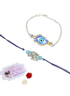 stylish blue thread & silver plated combo of unisex evil eye & elephant rakhi combo for bhaiya bhabhi 3