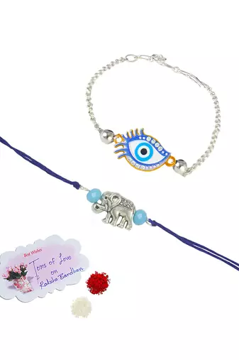 stylish blue thread & silver plated combo of unisex evil eye & elephant rakhi combo for bhaiya bhabhi