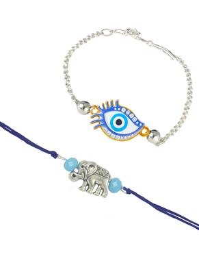 stylish blue thread & silver plated combo of unisex evil eye & elephant rakhi combo for bhaiya bhabhi 4