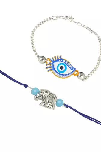 stylish blue thread & silver plated combo of unisex evil eye & elephant rakhi combo for bhaiya bhabhi