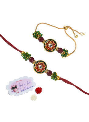 Handmade set of 2 red enamel and beaded unisex rakhi (lumba) for bhaiya bhabhi 4