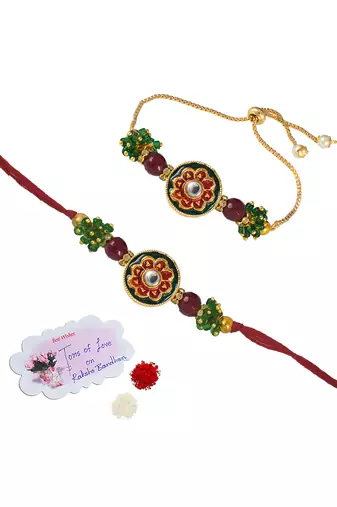 Handmade set of 2 red enamel and beaded unisex rakhi (lumba) for bhaiya bhabhi